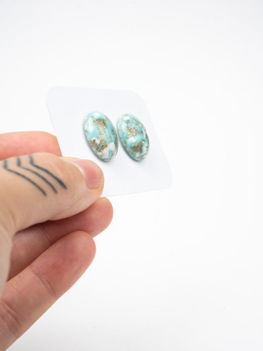 Turquoise Blue, White, & Gold Vintage Cabochon Pair - 18 mm x 13 mm