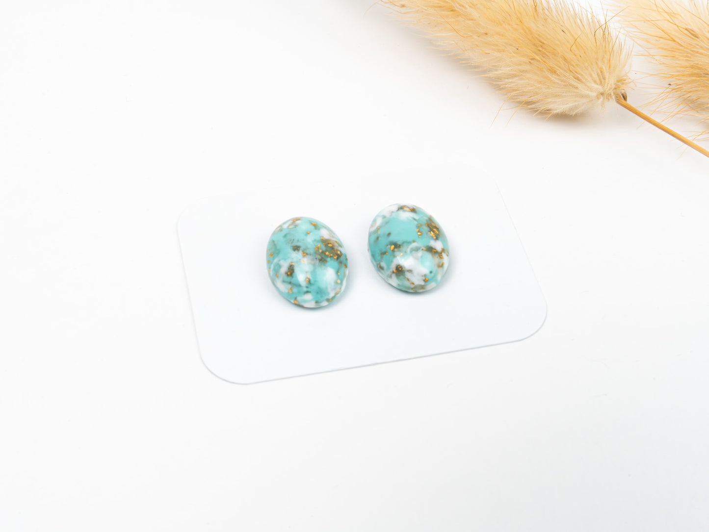 Turquoise Blue, White, & Gold Vintage Cabochon Pair - 18 mm x 13 mm