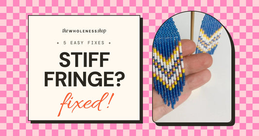 Blue and yellow seed bead fringe earrings in an arch next to the words Stiff fringe? Fixed!