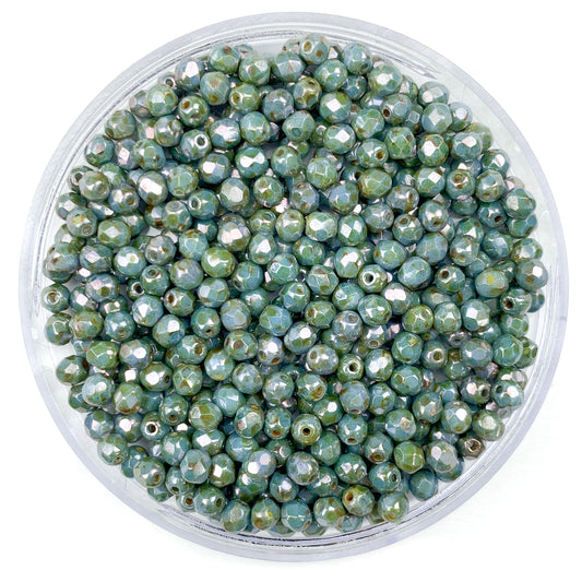 Picasso Turquoise Luster- Czech Glass Fire Polished Beads - 4mm - FP04-368 - Green/Blue