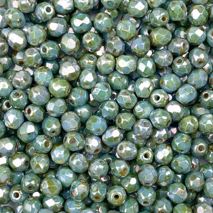 Picasso Turquoise Luster- Czech Glass Fire Polished Beads - 4mm - FP04-368 - Green/Blue