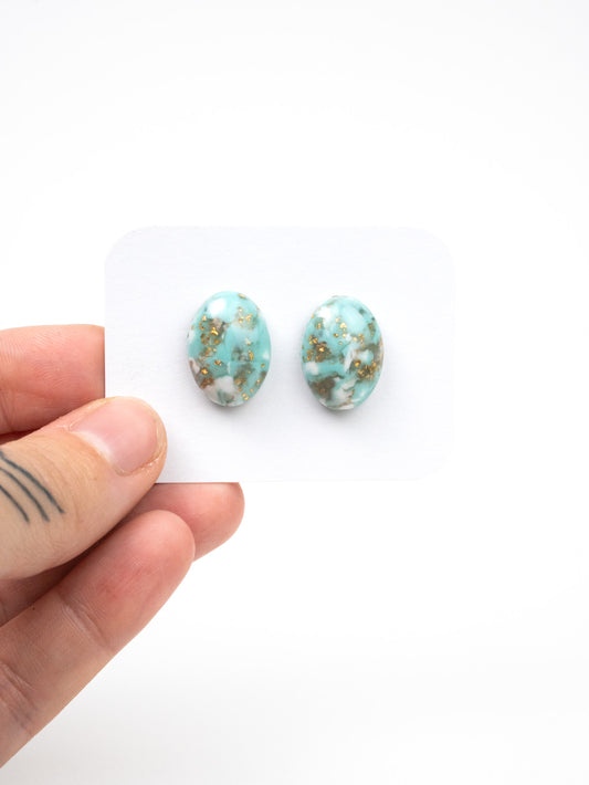 Turquoise Blue, White, & Gold Vintage Cabochon Pair - 18 mm x 13 mm