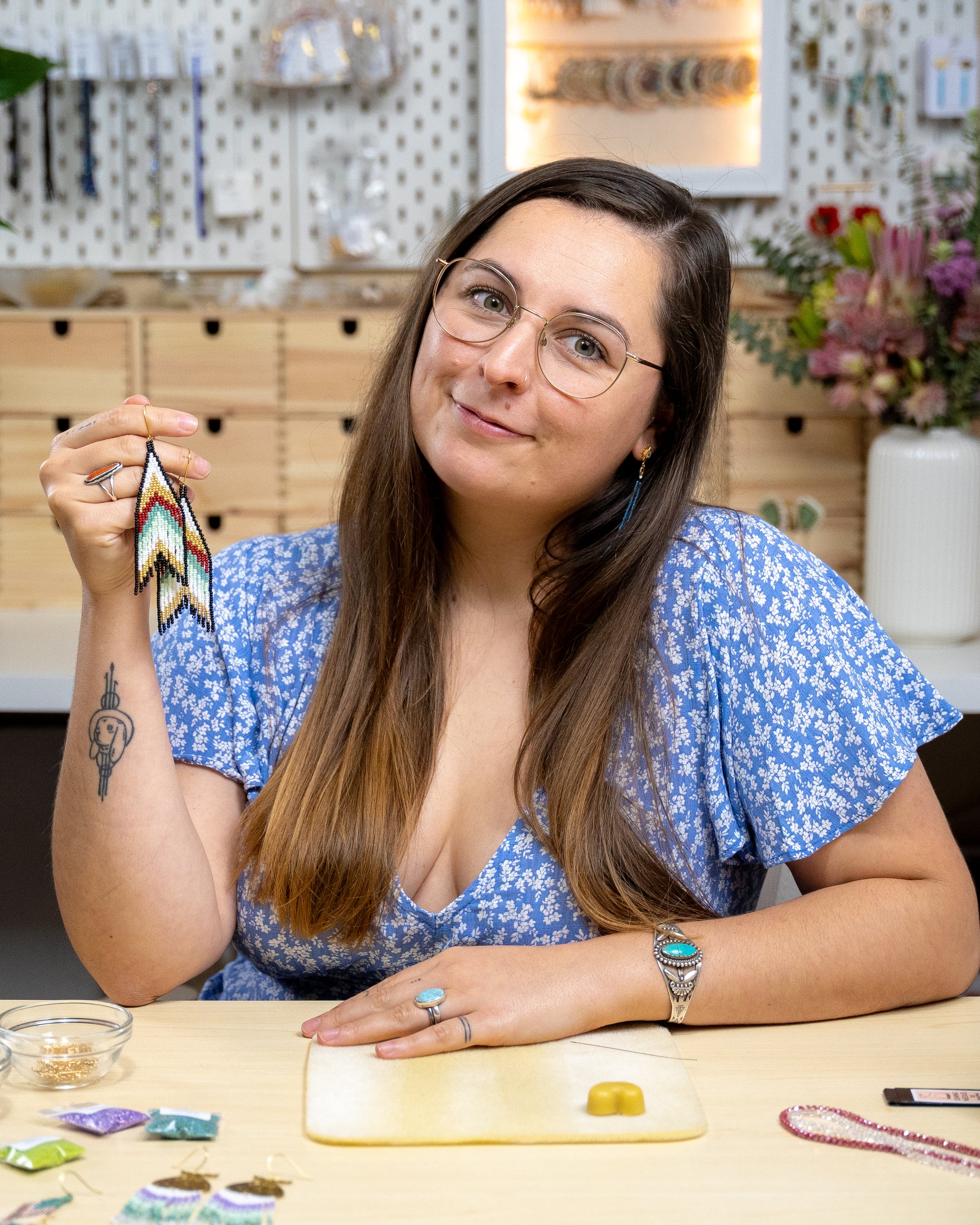 Cheyenne beading in her studio