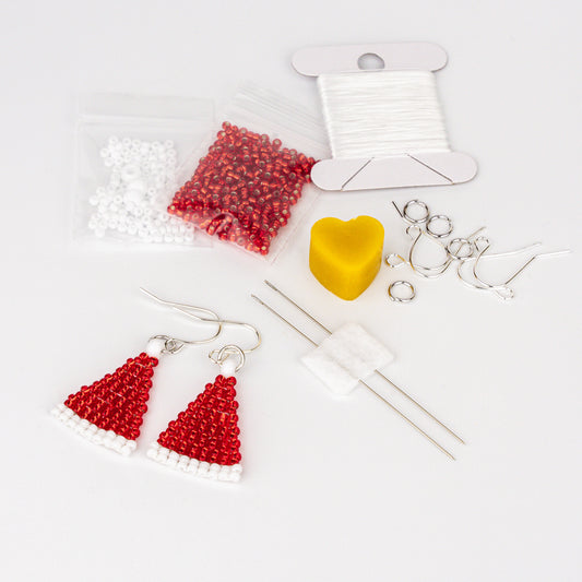 Santa Hat Beading Kit | Make Two Pairs of Santa Hat Earrings | Complete Tutorial Included