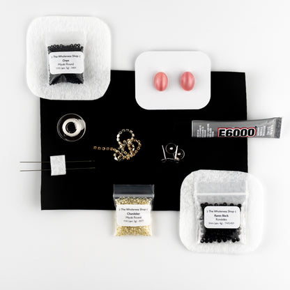 Rosé Noir Flat-Stitching Kit | Vintage Pink Cabochons + Silver Accents | Complete Beading Kit