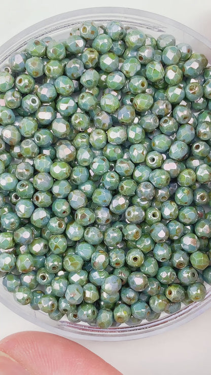 Picasso Turquoise Luster- Czech Glass Fire Polished Beads - 4mm - FP04-368 - Green/Blue